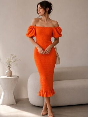 Never Fully Dressed Size 2 Jojo Shirred Midi Ruffled Dress - Coral